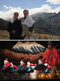 2 Nonnen vor einer Bergkette in Bolivien und eine Tanzveranstaltung
