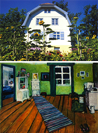 Blick auf das Gabriele Münter Haus in Murnau vom Garten aus und ein Bild von Gabriele Münter eines Innenraumes