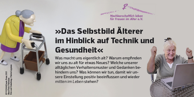 Einladungskarte zum Vortrag zum Selbstbild der Älteren in Bezug auf Technik und Gesundheit_Vorderseite: eine alte Frau jubelt am Computer