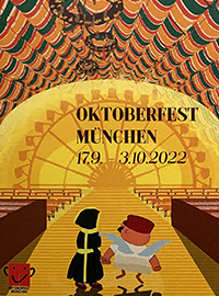 Plakat gezeichnet: Münchner Kindl und Aloisium von hinten im Schottenhamel-Zelt