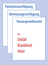 Gezeichnet: Blick auf 3 Papierseiten
mit den Überschriften: Patientenverfügung, Betreuungsverfügung, Vorsorgevollmacht für Unfall. Krankheit, Alter