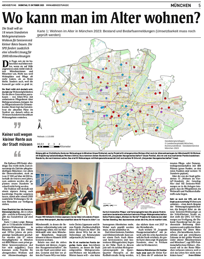 Bericht mit Übersichtskarte über Wohnprojekte für Senioren in der Stadt München