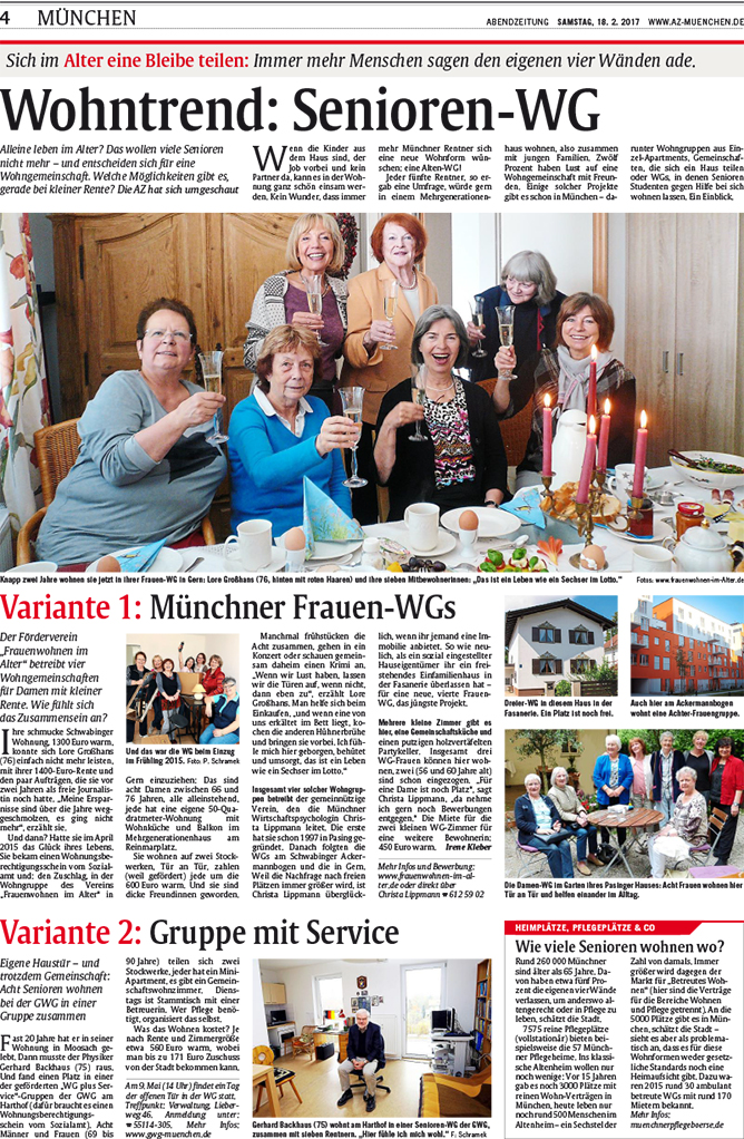 Artikel in der Abendzeitung vom 18. Februar 2017 über das WG Projekt des Fördervereins Nachbarschaftlich leben für Frauen im Alter