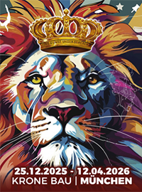 Plakat Circus Krone: Bunter gezeichneter Löwenkopf mit Mähne im Ausschnitt