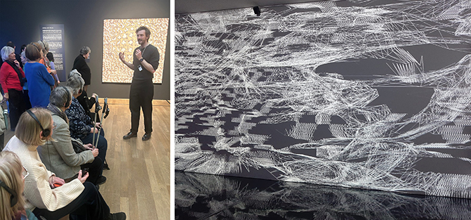 Links: die Gruppe mit dem Kunstvermittler, rechts: ein frühes Werk in schwarz- weissen Linien und Schraffuren