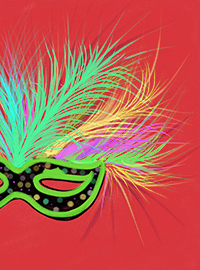 gezeichnete Augenmaske mit Federn auf rotemHintergrund