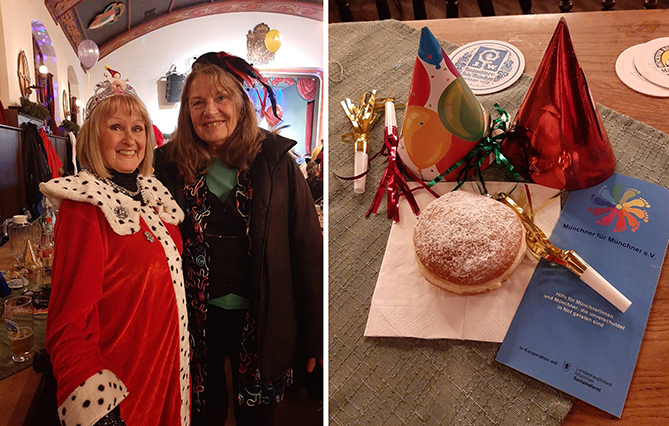 links: 2 Faschingsfrauen und rechts: Krapfen und Tischdeko