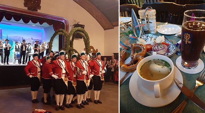 links: die Schäffler als Formation mit grünem Bogengebinde, rechts: Griesnockerlsuppe mit Bier und Breze