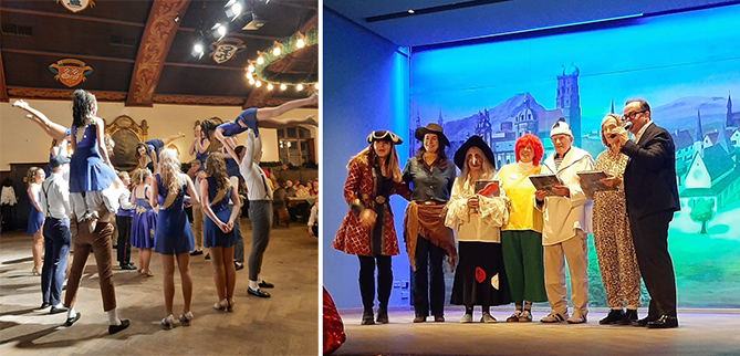 links: Akrobatische Darbietungen und rechts: Maskenprämierung mit den Veranstaltern auf der Bühne