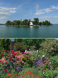 Blick vom Schiff auf die Fraueninsel und sommerliche Blumenpracht