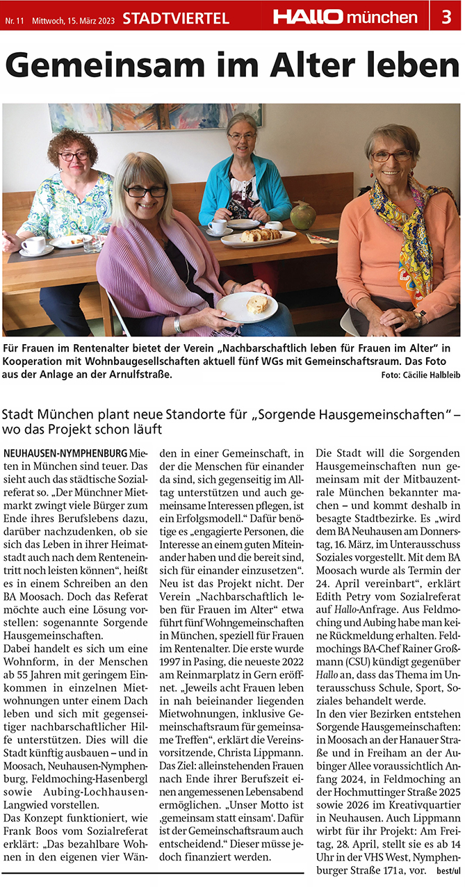 Artikel in der Hallo München, am 15.03.2023: Gemeinsam im Alter gut leben