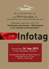 Einladung zum Infotag am 26. September 2013 zm Thema: Gemeinsam statt einsam - Wohnmodelle in der Schweiz und Deutschland