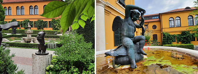 Blick in den Garten des Lenbachhauses mit Brunnen und Skulpturen