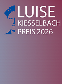 Hintergrund: Farbverlauf blauviolett mit rechts Text und links in Blau einem stiliserten halben Portrait von Luise Kiesselbach