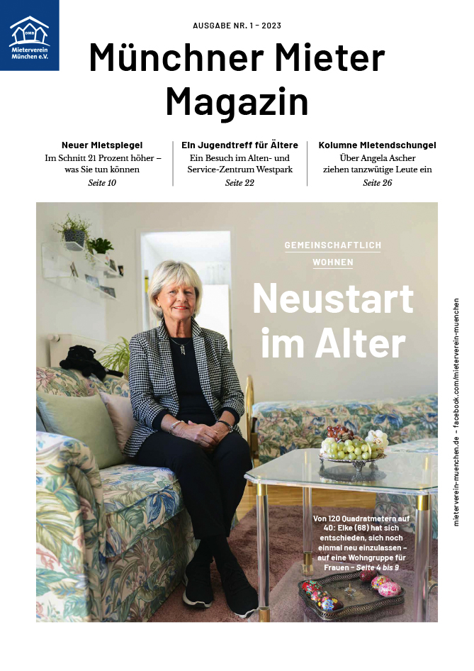 Artikel im Münchner Mietermagazin, im März 2023 über unsere Wohnfrau Elke mit Blick ins Wohnzimmer