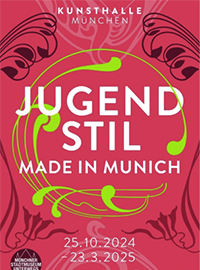 Ausstellungsplakat in hellrot mit Pflanzenornamenten