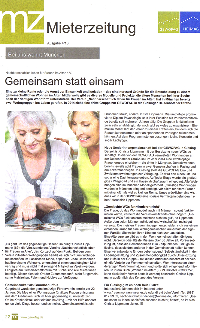 Artikel in der Gewofag Mieterzeitung zum Thema: gemeinsam statt einsam