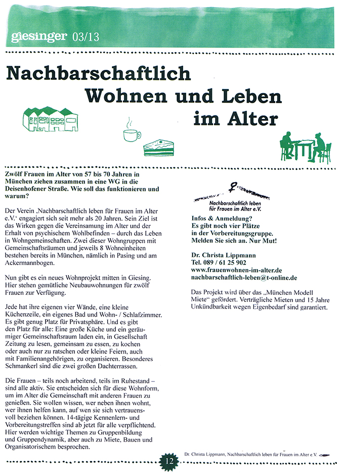 Artikel im Giesinger 0313 zum Thema Nachbarschaftlich wohnen und leben im Alter