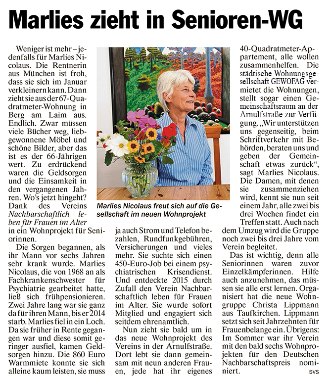 Marlies zieht in Seniorinnen-WG des Fördervereins Nachbarschaftlich leben für Frauen im Alter e.V.