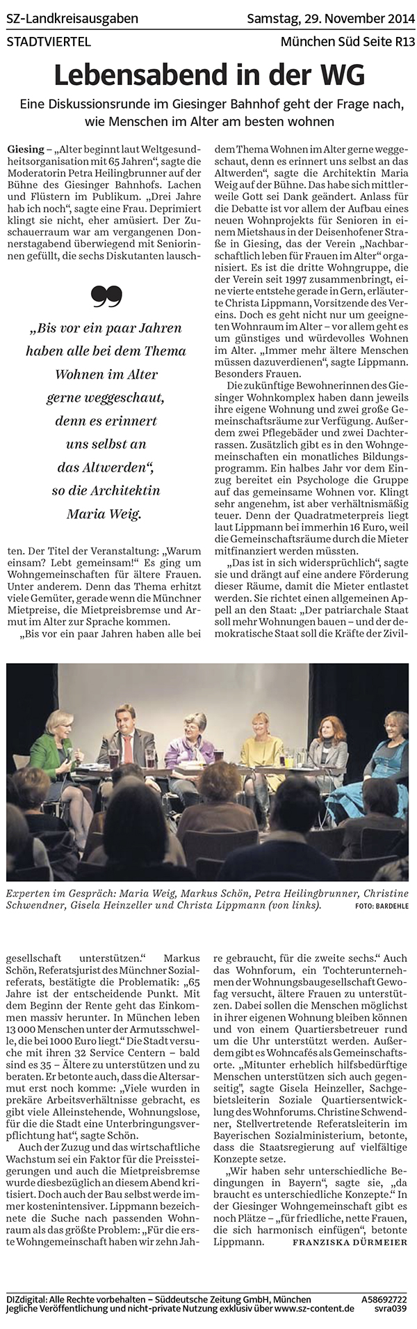 Diskussionsrunde zum Thema wie Menschen im Alter am besten wohnen mit Maria Weig, Markus Schön, Petra Heilingbrunner, Christine Schwendner, Gisela Heinzeller und Christa Lippmann