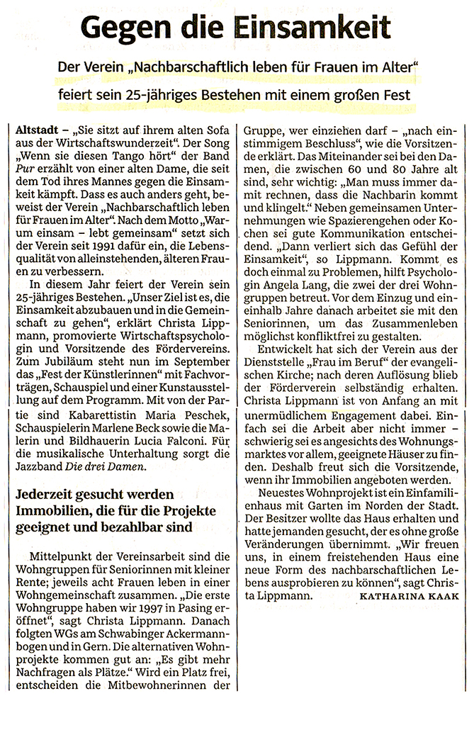 Artikel in der SZ über das 25jährige Bestehen des Fördervereins Nachbarschaftlich leben für Frauen im Alter