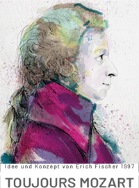 Farbige modernisierte Zeichnung von Mozart im Seitenportrait