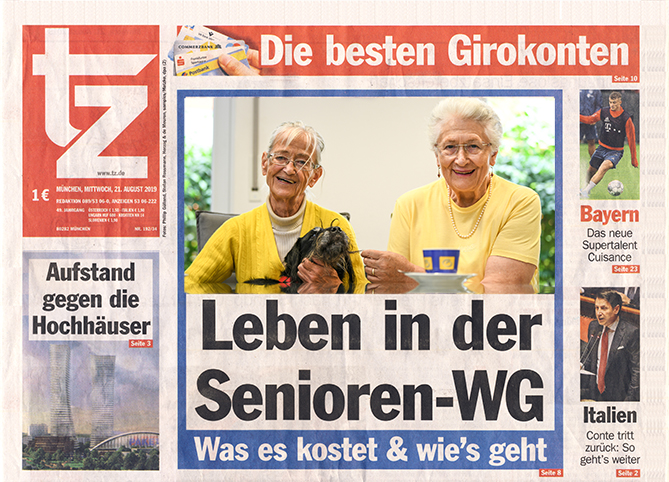 Titel der tz vom 21. August 2019 mit der Coverstory der Wohngruppe 2: Leben in der Senioren-WG