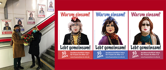 Charakterfiguren von Angelika Littwin-Pieper als Poster entlang der Rolltreppe der Münchner U-Bahn 2021