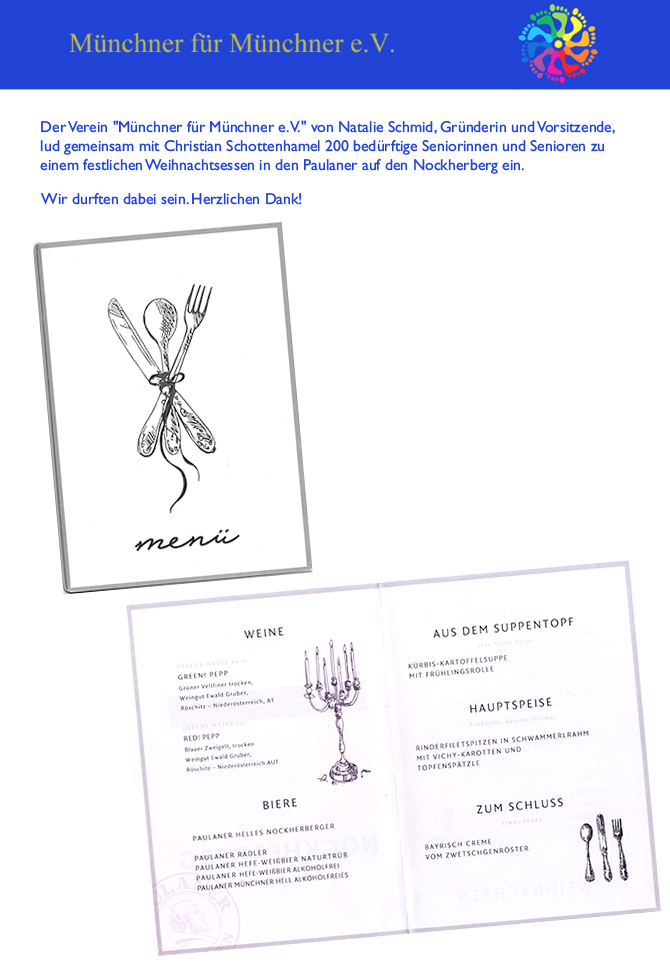 Menükarte: Weihnachtsessen auf dem Nockherberg 2019 auf Einladung des Vereins Münchner für Münchner e.V.