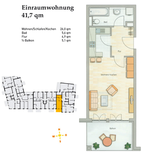 Grundriss 1, Einraumwohnung, Ackermannbogen