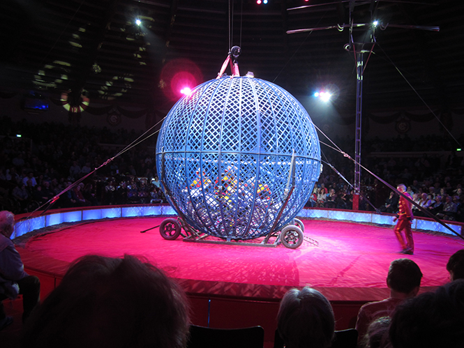 5 Motorradfahrer sausen durch eine Metallkugel im Zirkus Krone