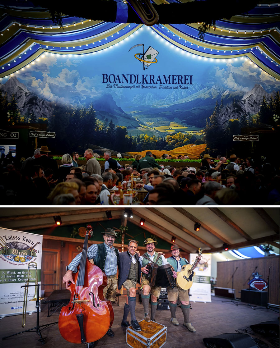 Blick ins Festzelt Boandlkramerei und auf eine 4er Musikantengruppe