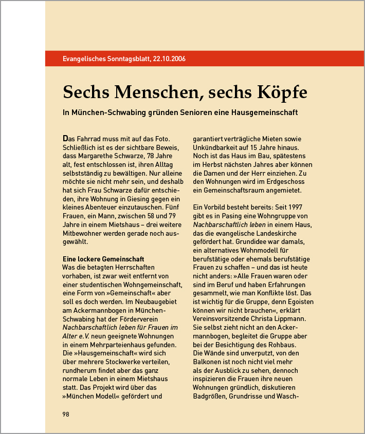 Artikel aus dem evangelischen Sonntagsblatt vom 22.10.2006: Sechs Menschen, sechs Köpfe