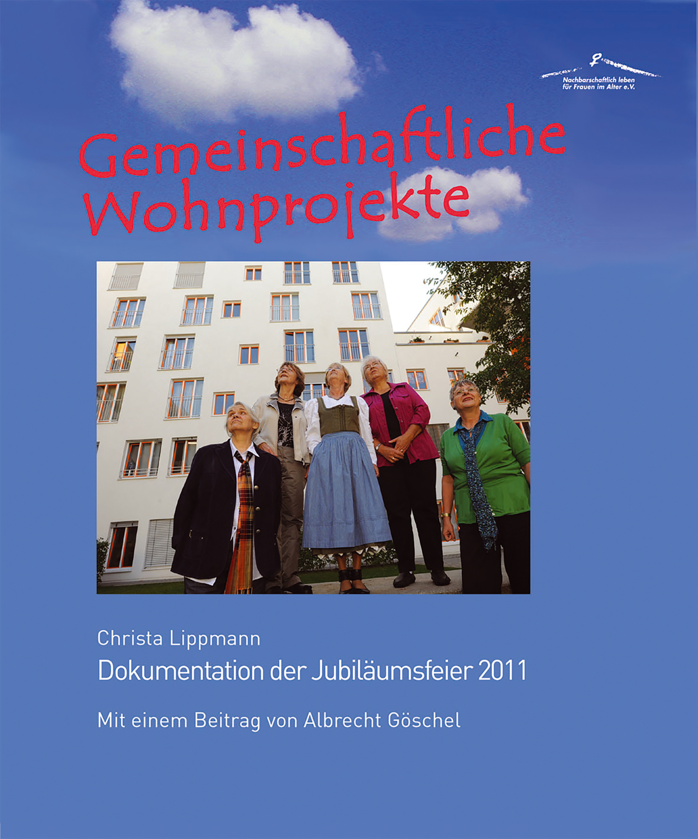 Cover des Buches Gemeinschaftliche Wohnprojekte, blau mit Bild von 5 Frauen die nach oben blicken auf Wolken ausserhalb des Bildes, oben am Buchrand