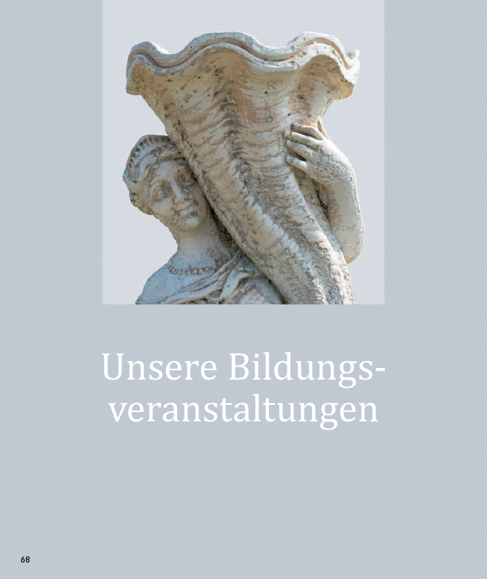 Bild einer grieischen Göttin mit Füllhorn auf graublauer Seite
