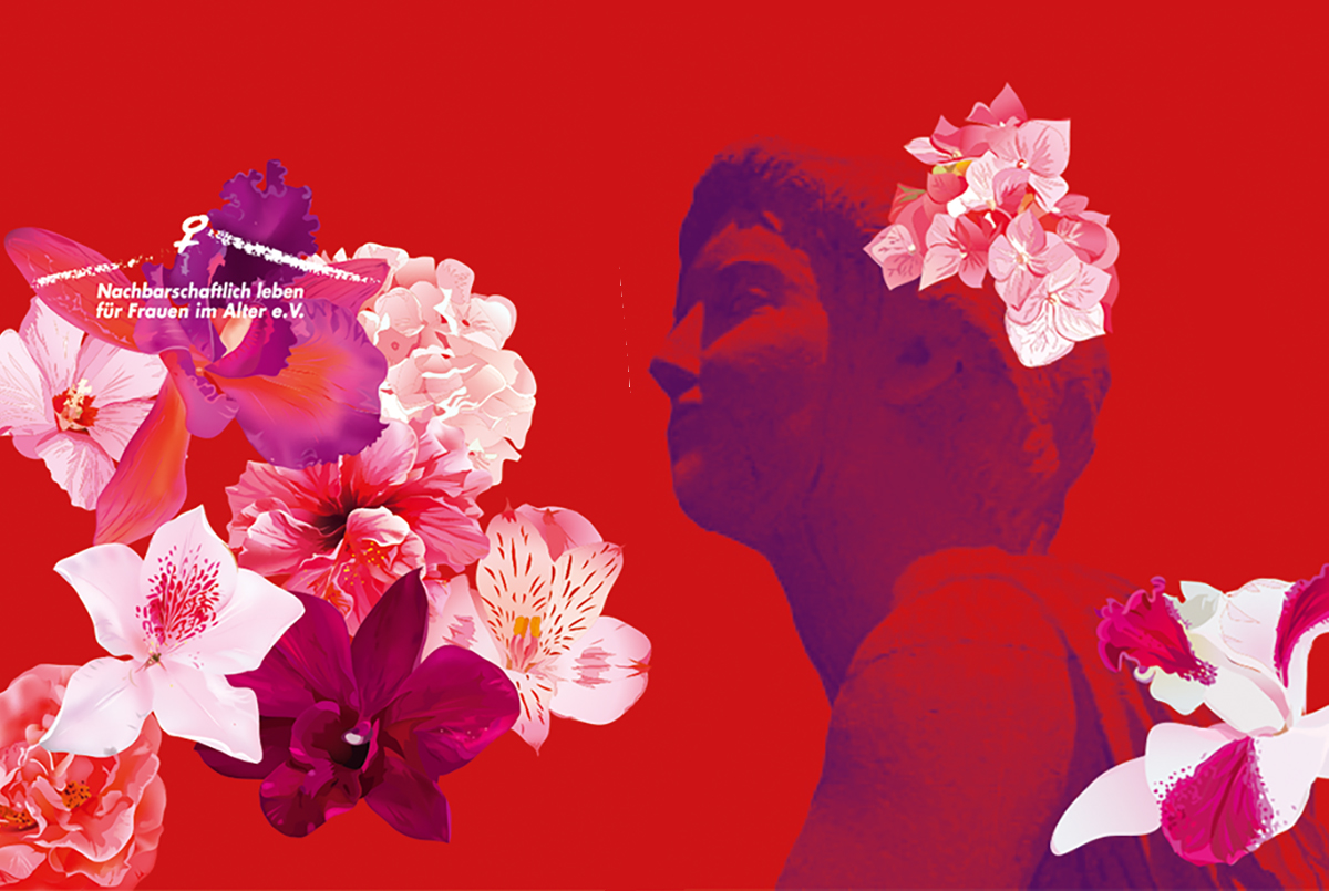  roter Hintergrund mit Blumenblüten in rot/rosa/violett Tönen und rechts in violett der Kopf einer griechischen Göttin nach links schauend