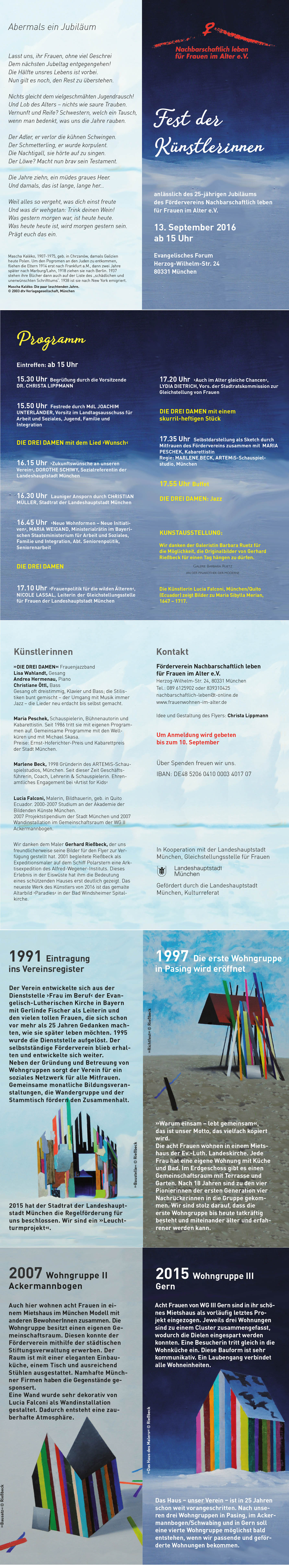 Programm des Künstlerinnenfestes anlässlich des 25 Jubiläums des Vereins Nachbarschaftlich leben für Frauen im Alter e.V. mit Illustrationen mit bunten Stäben, die verschiedene Stationen