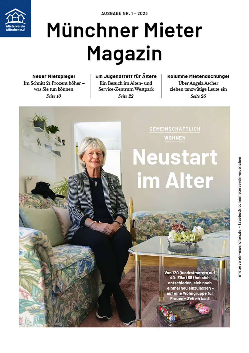 Artikel im Münchner Mietermagazin, im März 2023 über unsere Wohnfrau Elke in ihrem Wohnzimmer