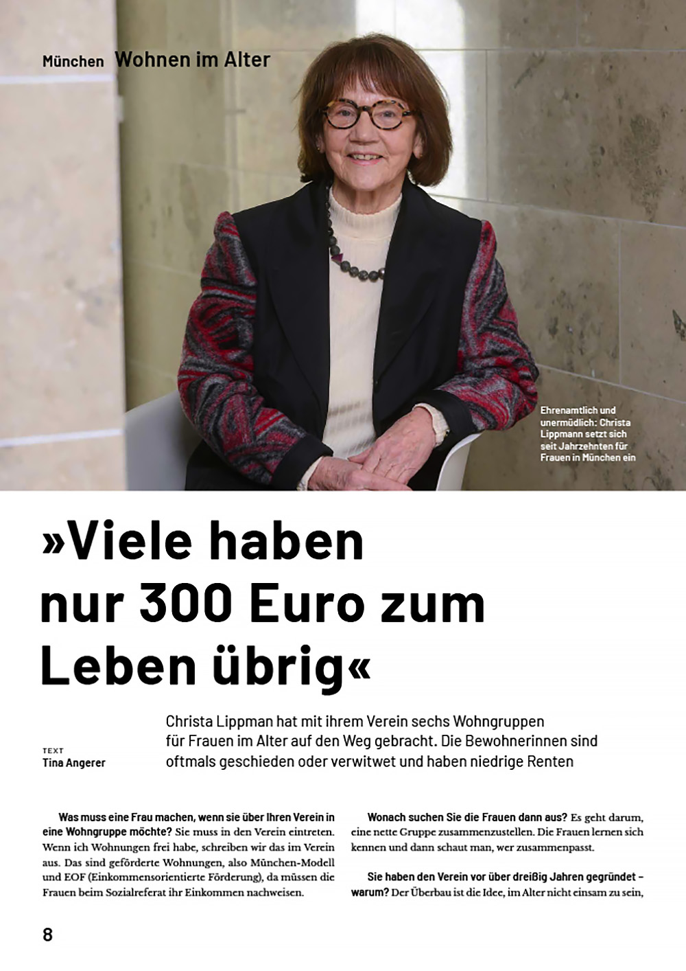 Artikel im Münchner Mietermagazin, Christa Lippmann im Stuhl vor grauer Wand blickt in die Kamera