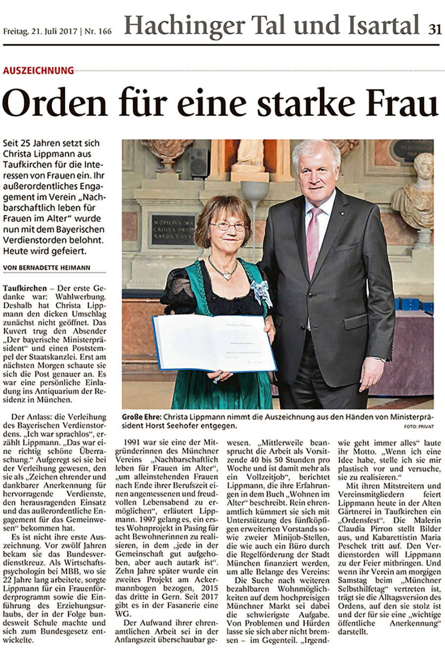 Dr. Christa Lippmann erhält den Bayerischen Verdienstorden 2017 von Ministerpräsident Horst Seehofer