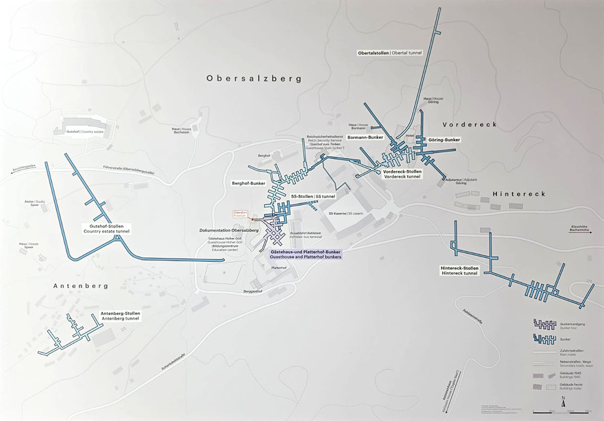 Der Plan mit Gebäuden und der weit verzweigten Bunkeranlage
