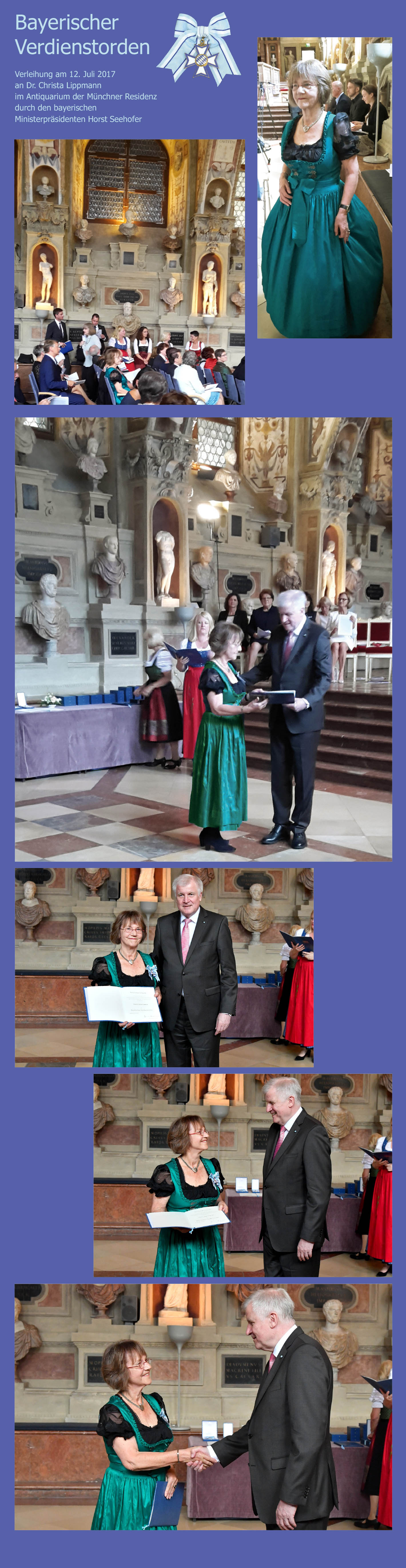 Auf blauem Grund: Bilder von der Verleihung des Bayerischen Verdienstordens an Dr. Christa Lippmann durch den Bayerischen Ministerpräsidenten Horst Seehofer