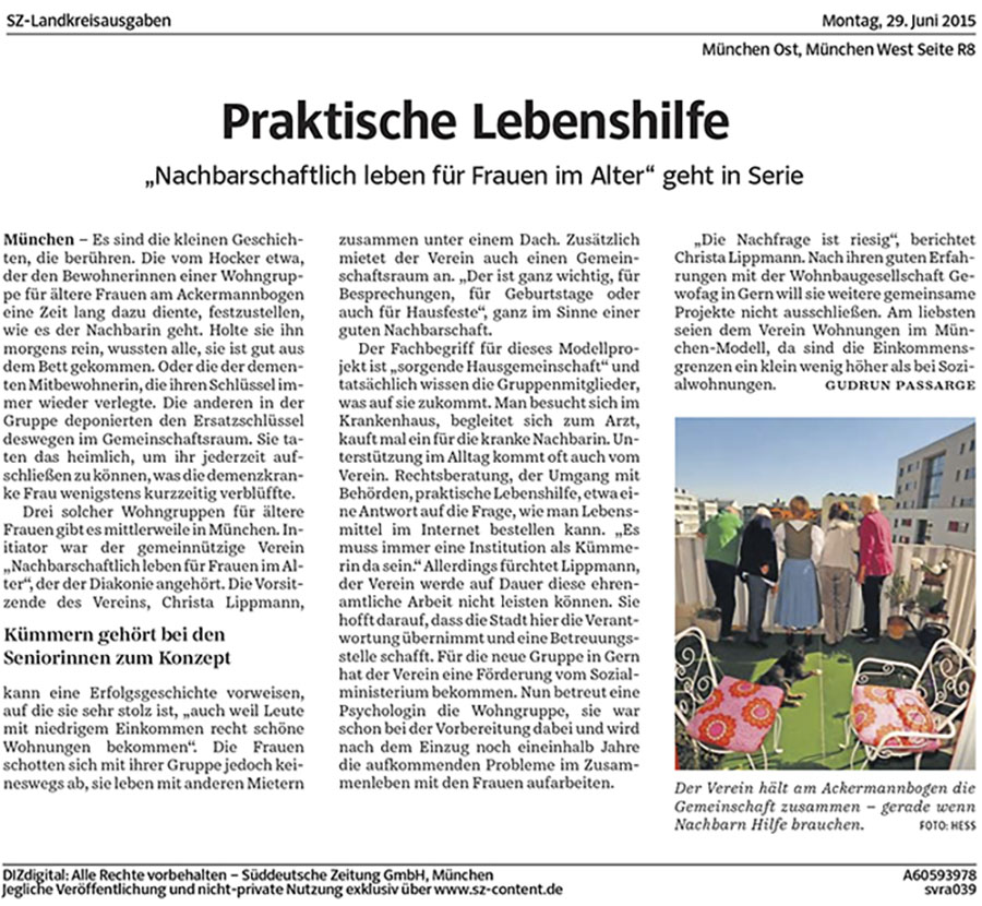 Artikel Süddeutsche Zeitung im Juni 2015: Praktische Lebenshilfe, 'Nachbarschaftlich leben für Frauen im Alter' geht in Serie