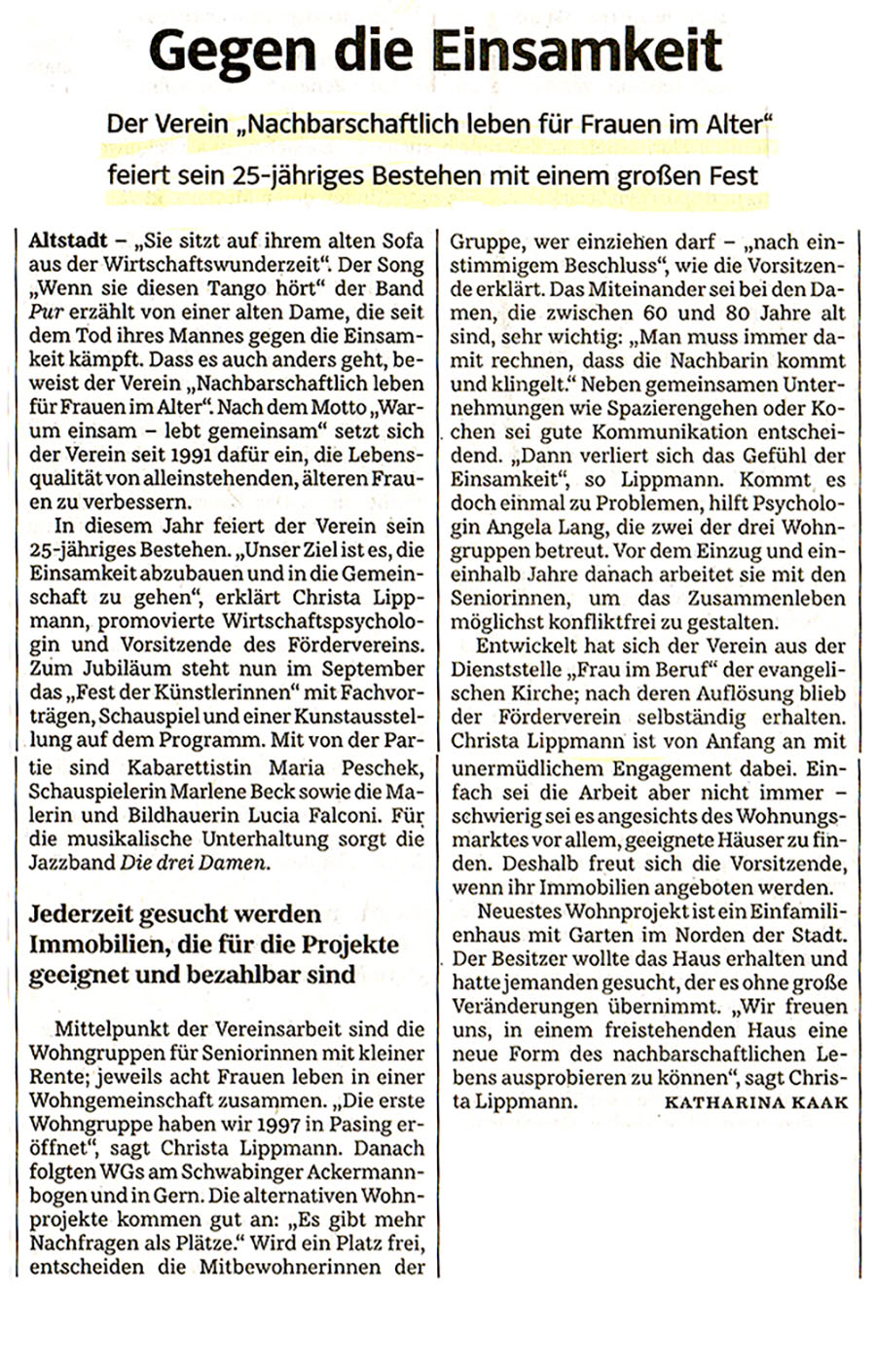 Artikel in der SZ über das 25jährige Bestehen des Fördervereins Nachbarschaftlich leben für Frauen im Alter