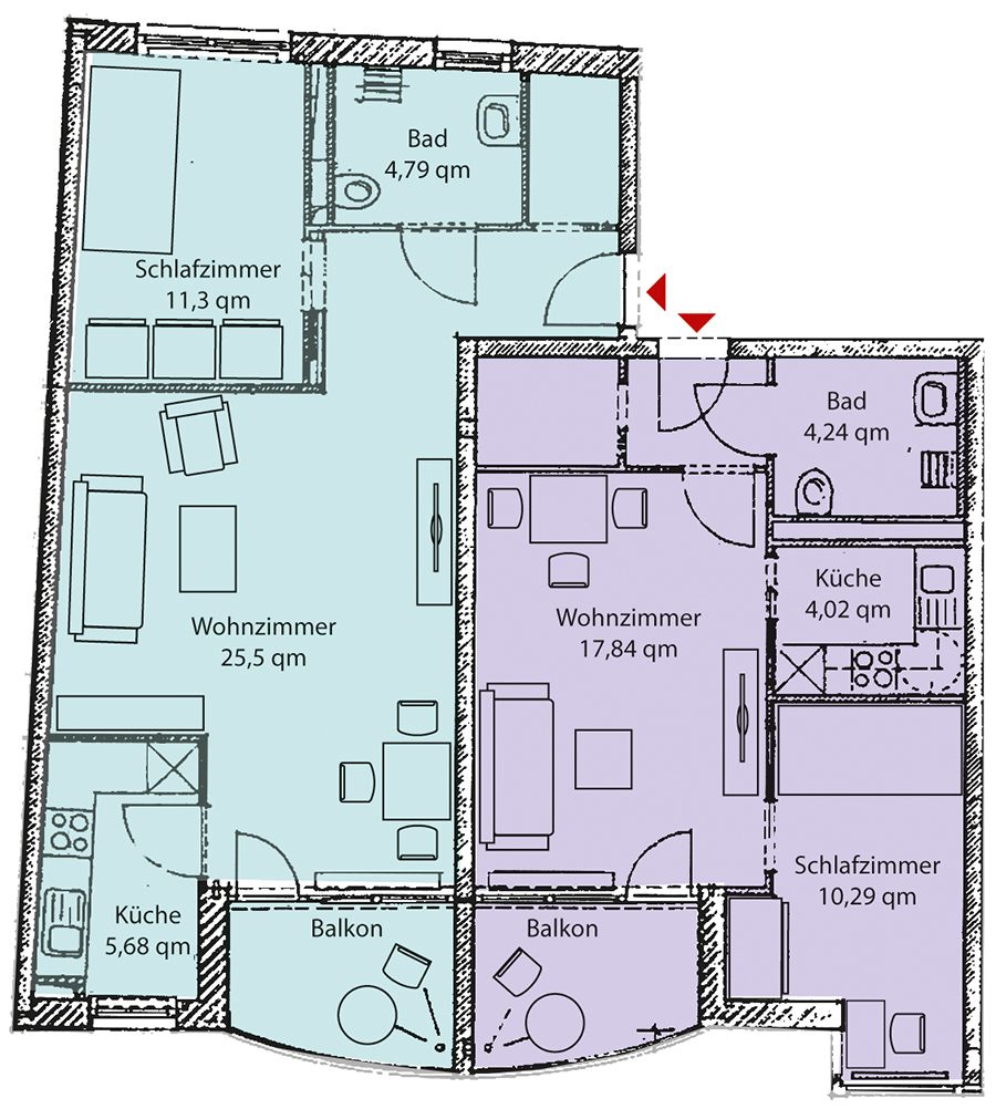 wg1: Grundrisse der 2 Wohnungsgrössen mit Balkon, ca. 58 qm und 45 qm