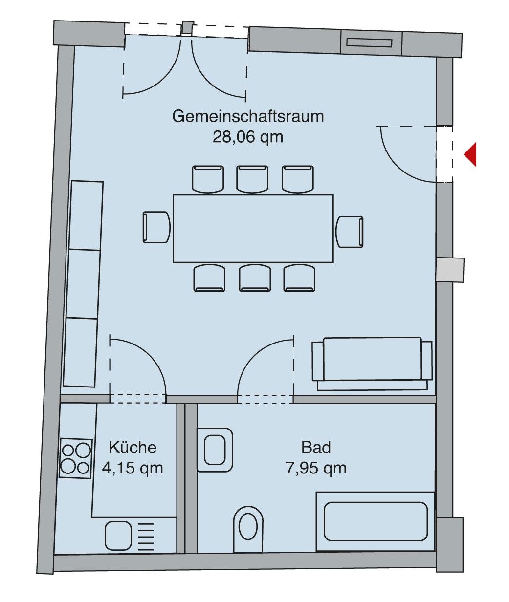 wg1: Grundrisse des Gemeinschaftsraums mit abgeschlossener Küche und Bad, ud Terrasse zum Garten