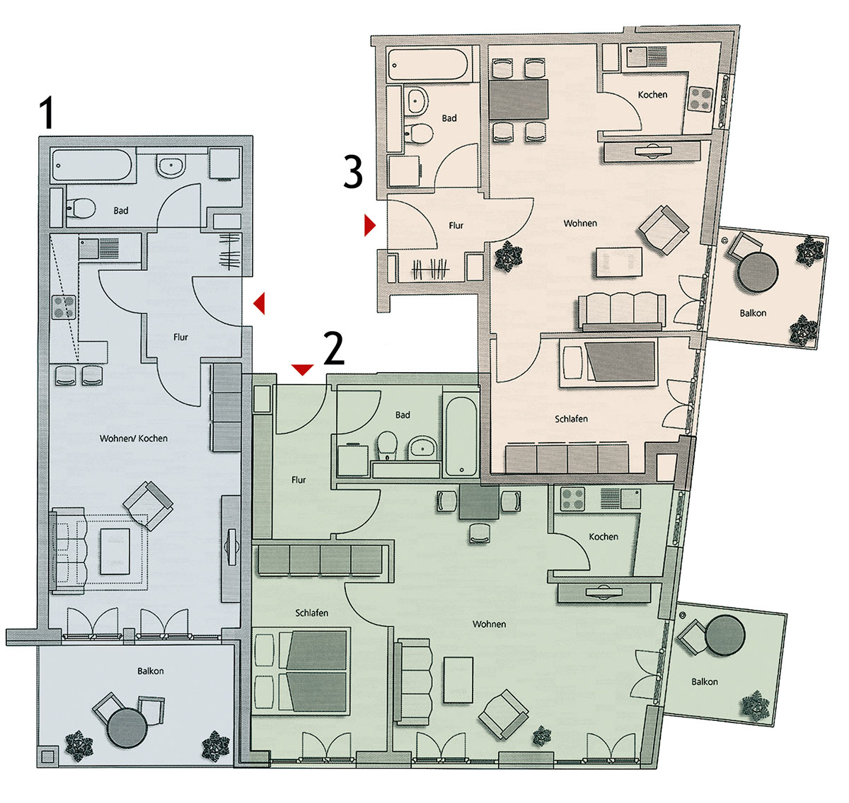wg2: Grundriss von 3 Wohnungen mit Balkon, ca. 42 qm, 46 qm und 54 qm