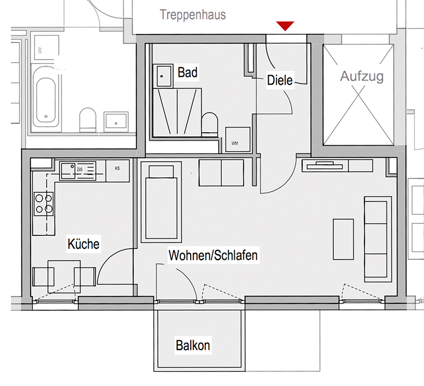 wg5: Grundriss der Wohnung mit Balkon und separater Küche, ca. 41 qm