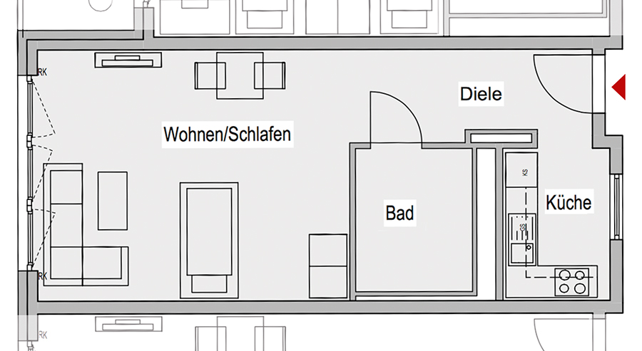 wg5: Grundriss der Wohnung ohne Balkon, aber mit großer Fensterfront, ca. 40 qm