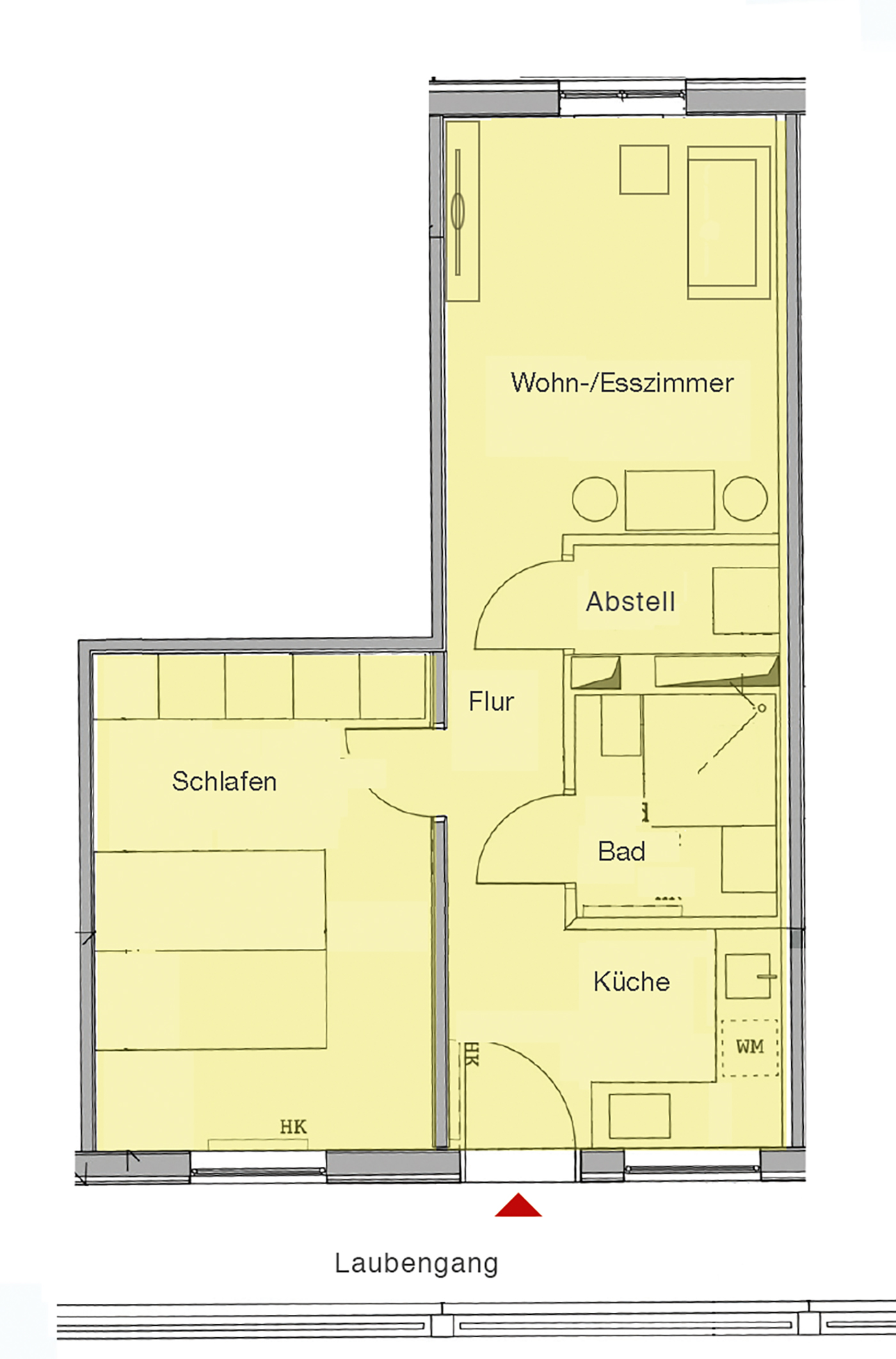 wg6: Grundriss der Wohnung mit französischem Balkon, separater Küche und Wohnzimmer und Schlafzimmer, ca. 40 qm